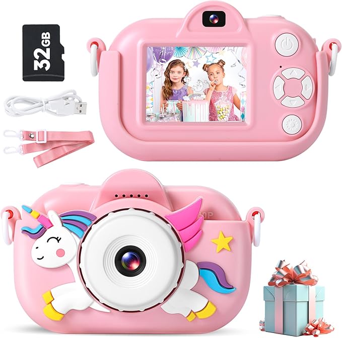 Kids Camera HD Video & Selfie Digital Camera for Kids, Toddler Camera for Kids with 32GB SD Card, Toddler Girls Toys Age 6-8, Christmas Birthday Gifts for Children, Salmon Pink