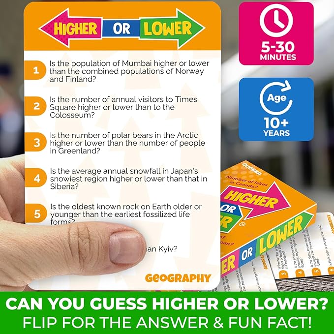 QUOKKA Trivia Board Games for Kids and Adults - Version V2.0 - Family Night Geography Games 4xSet Higher or Lower Trivia Cards | Guess Fun Questions | 2 + Players - Challenge Your Geography Knowledge