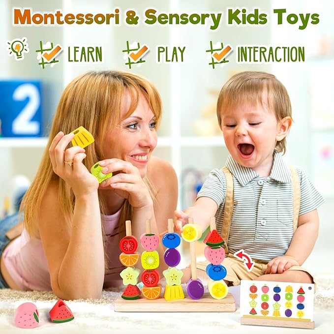 Montessori Wooden Beads Stacking Toys: 2 3 4 Year Old Boys Girls Birthday Gifts - Toddler Sequence Game & Sorting Blocks & Lacing & Matching Shape - Preschool Learning Activities for 2-5 Years Kids