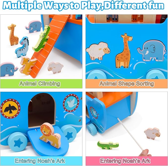 Wooden Noah's Ark Toy Baptism Gifts for 1 2 3 4 Years Old Baby Boy and Girl Montessori Educational Toy for Toddlers with Bible Story Animal Shape Sorter