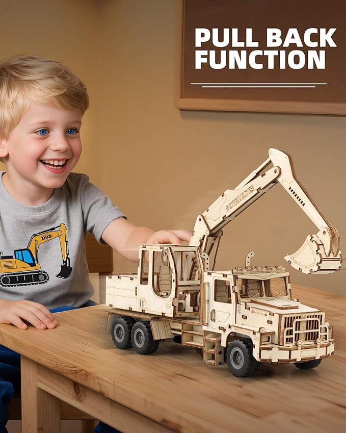 3D Wooden Puzzle for Adults, Excavator Wooden Mechanical Model Car Kits to Build, Brain Teaser Pull Back Truck Toys Birthday for Men Women (Excavator)