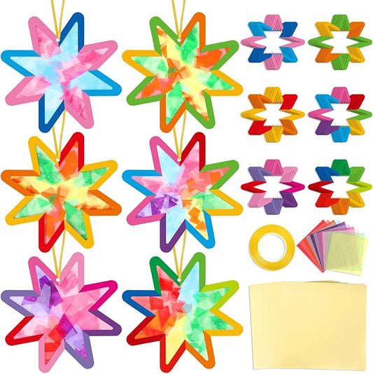 Qyeahkj 36 Set Summer Star Suncatchers Crafts for Kids DIY Star Window Tissue Paper Craft Kit Art Ornament Hanging Decor for School Home Classroom Activity Art Project Birthday Party Favors Gifts