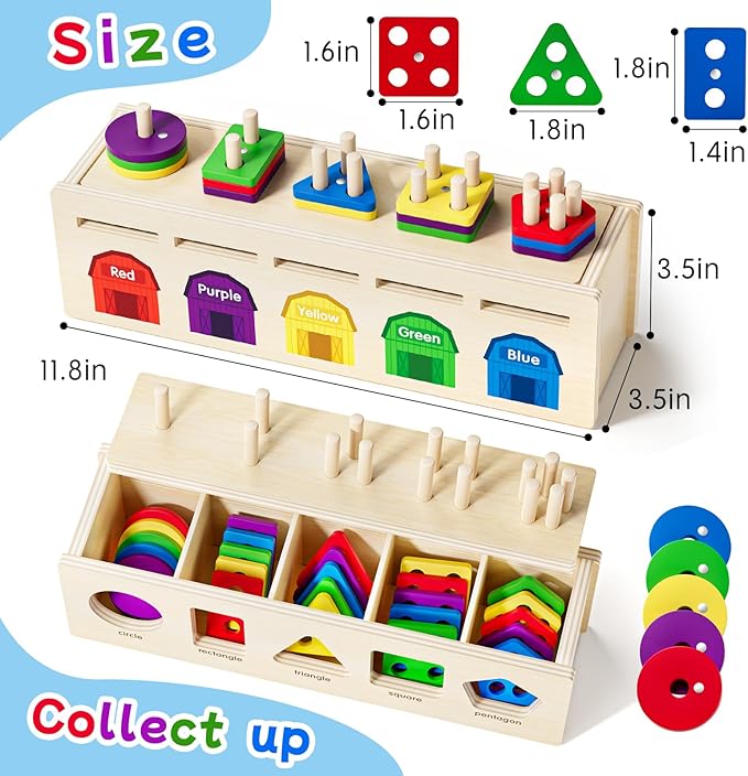 Montessori 4 in 1 Wooden Sorting Shape Sorter and Stacking Toy Box Color Matching Counting Fishing Game Preschool Educational Toys for Toddler 1 2 3 Years Baby Boys and Girls Gifts