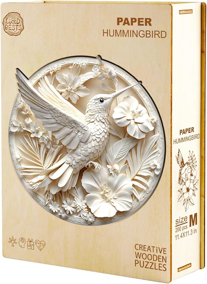 Jigfoxy Wooden Puzzles for Adults, Paper Hummingbird Wood Puzzles Adult, Unique Animal Shape Wooden Jigsaw Puzzles for Adults, Birthday Gifts for Puzzle Lovers, Family, Friend (L-13.4*13.3in-300pcs)