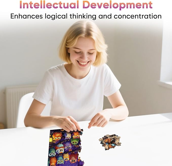 Wooden Puzzles for Adults, Halloween Owl Family Puzzles 500 Pieces, Unique Shaped Jigsaw Puzzles for Adults and Kids, Fun Challenge Family Game 18.9'' x 14.2''