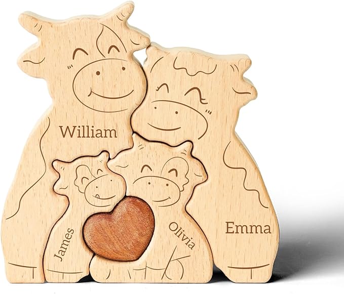 Wooden Cows Family Puzzle, Personalized Puzzles with 2–5 Names, Fathers Day Birthday Personalized Gifts for Mom Dad Kids Teen Boys Girls Grandma, Toddler Men Thanksgiving Gifts