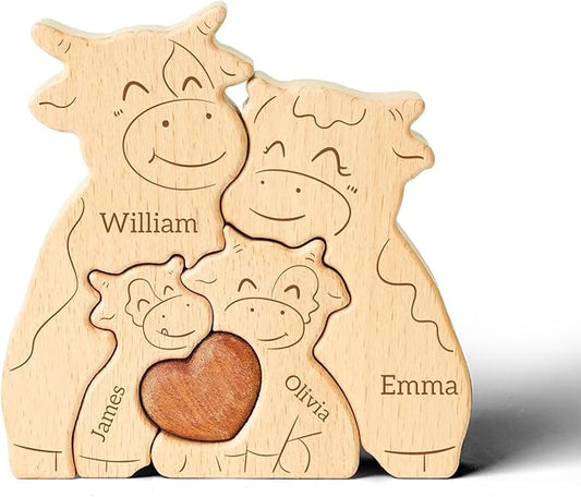 Wooden Cows Family Puzzle, Personalized Puzzles with 2–5 Names, Fathers Day Birthday Personalized Gifts for Mom Dad Kids Teen Boys Girls Grandma, Toddler Men Thanksgiving Gifts