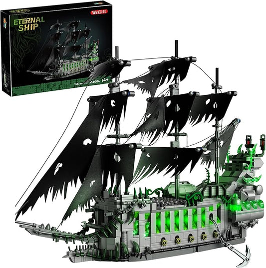 1573 Pcs Pirate Ship Building Set with LED Light,STEM Ghost Ship Flying Dutchman Building Toy,Model Boat Mini Brick Kit Home Office Decor,Halloween Easter Gift for Adults Boys Kids Ages 14+