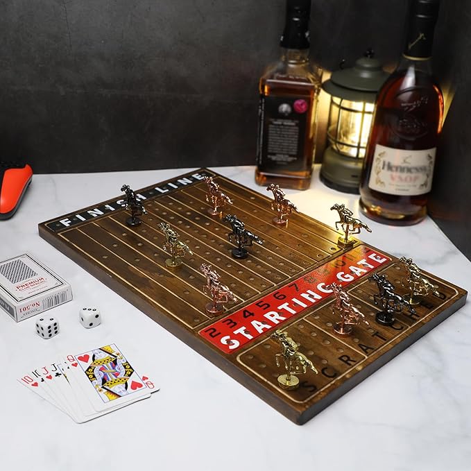 HOROW Horse Racing Game - Wooden Horse Race Board Game with 11 Luxury Metal Horses 2 Dice and 2 Cards，Fast-Paced Strategic for Family Night and Party - Perfect Birthday&Holiday Gifts