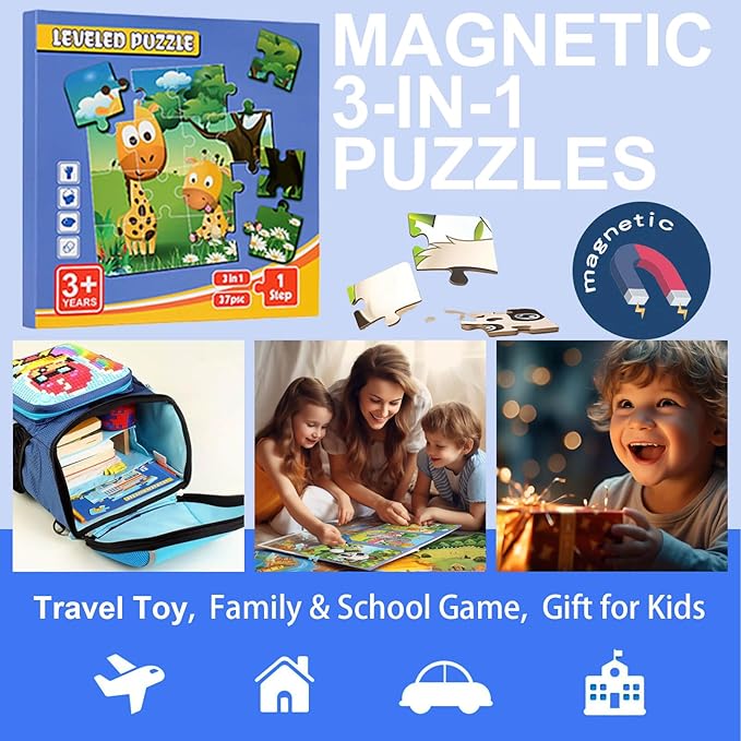3 Pack Magnetic Puzzle Beginner, Childrens Puzzles Age 3-5, Puzzles for Kids Ages 2-4 4-8,Toddler Travel Toys, Preschool Learning Toys (3 Pack, Animals + Vehicles + Ocean)