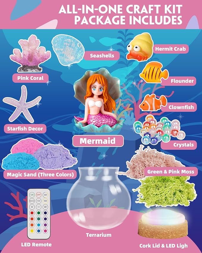 Light-Up Mermaid Terrarium Kit for Girls, DIY Arts & Crafts Gift for Girls Ages 4-6 7 8-12 Year Old, LED Night Light with Remote, Best Mermaid Birthday Decoration Toys Back to School Gifts for Kid