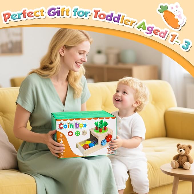 Montessori Toys for 1 Year Old, 6 in 1 Wooden Toys for Baby Boy Girl, Object Permanence Box, Color&Shape Sorting Learning Matching Game, Carrot Harvest, Preschool Educational Gift (New Coin Box)