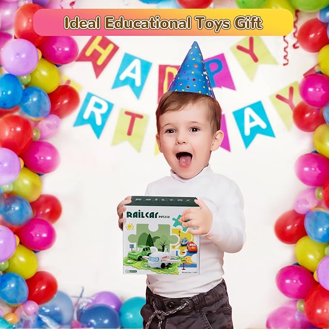 Plastic Dinosaur Puzzles for Kids with A Cute Car, Montessori Toys for 3 4 5 6 Year Old Boys, Race Tracks for Kids 3-5, Toddler Puzzle Track Play Set, Gifts for 3 4 5 6 Year Old Boys Toys