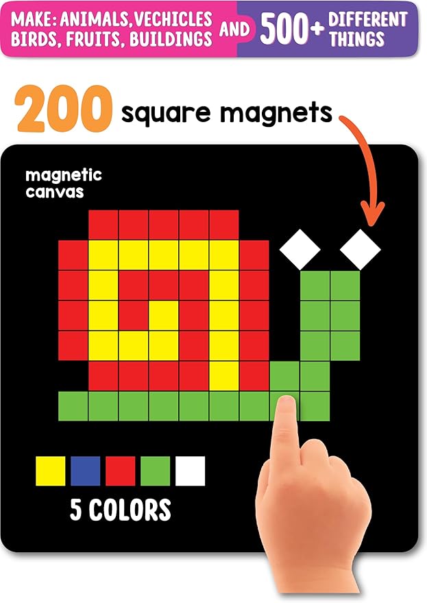 New Magnetic Puzzles : Squares - Includes 250 Colorful Magnets Pieces 100 Puzzle Book Magnetic Board and Display Stand
