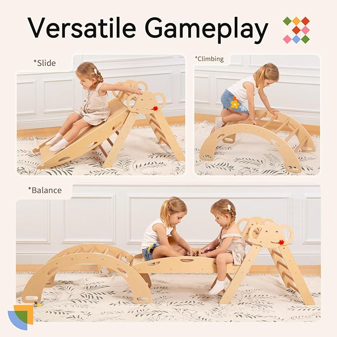 WINGYZ Pikler Triangle Climbing Set with Cushion,Wooden 8 in 1 Jungle Gyms for Toddlers 1-3, Indoor Playground for Kids ,Baby Montessori Climbers & Play Structures(Teak)