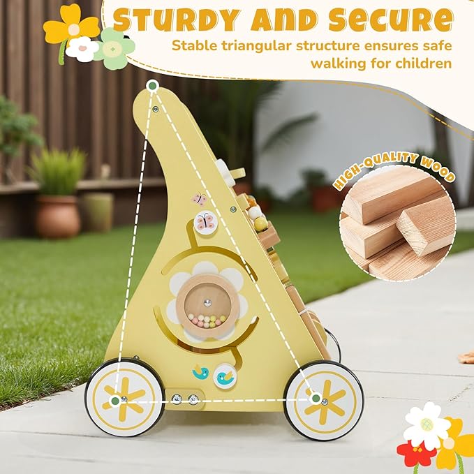labebe Wooden Baby Walker, Push Walker for Baby Boys and Girls with Activity Center, Montessori Walker Push Toy for Toddler Learning to Walk