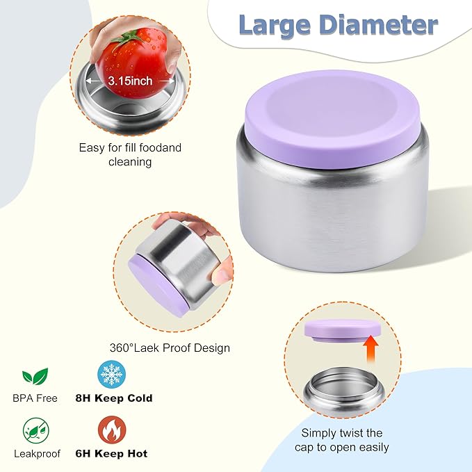 MAISON HUIS Kids Bento Box Set - Includes 8oz Soup Thermo, Insulated Lunch Bag & 17oz Stainless Steel Water Bottle, 5-Compartment Bento Box with Built-In Ice Pack, Leak-Proof & BPA-Free(Purple)