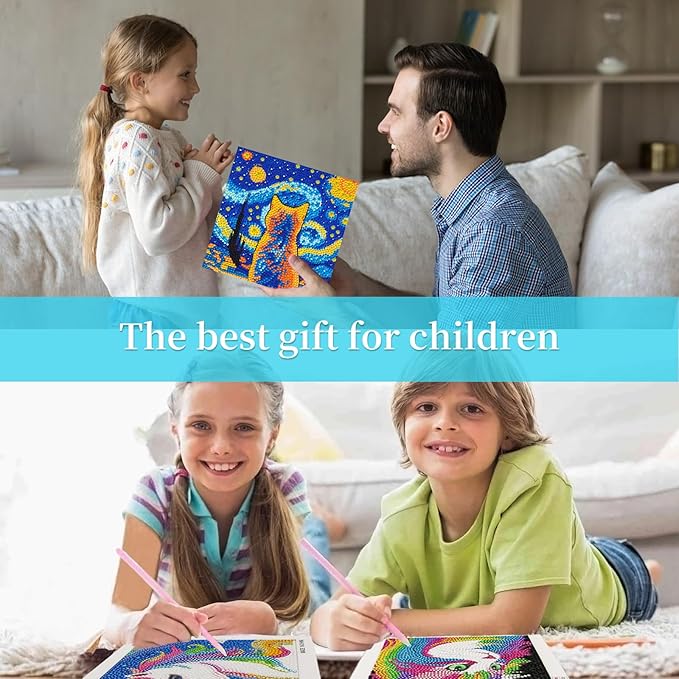 Libfx Diamond Art Kits for Kids 4 PCS Diamond Art for Girls Boys Beginners Arts and Crafts for Kids Ages 8-12 (Cartoon Cat-Penguin)