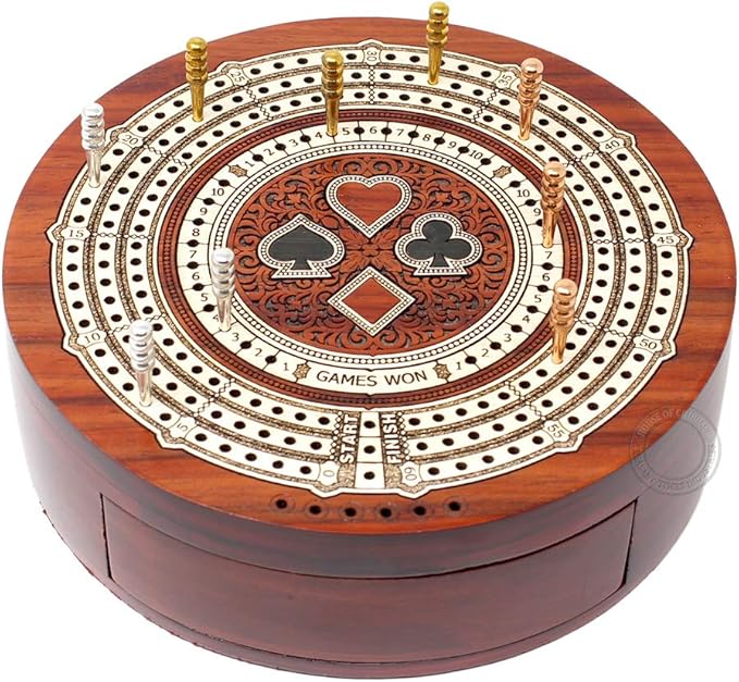 House of Cribbage - Round Shape 3 Track Non-Continuous Cribbage Board - Push Drawer Storage for Pegs and 1 Deck of Cards with Score Marking Fields for Won Games (Bloodwood/Maple Wood)