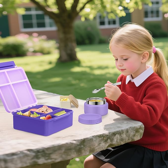 Bento Lunch Box for Kids with 9oz Soup Thermo Leak-Proof Lunch Food Container with 5 Compartment Thermo Hot Food Jar and Insulated Lunch Bag for Kid Toddler Girls Boys to School(Purple)