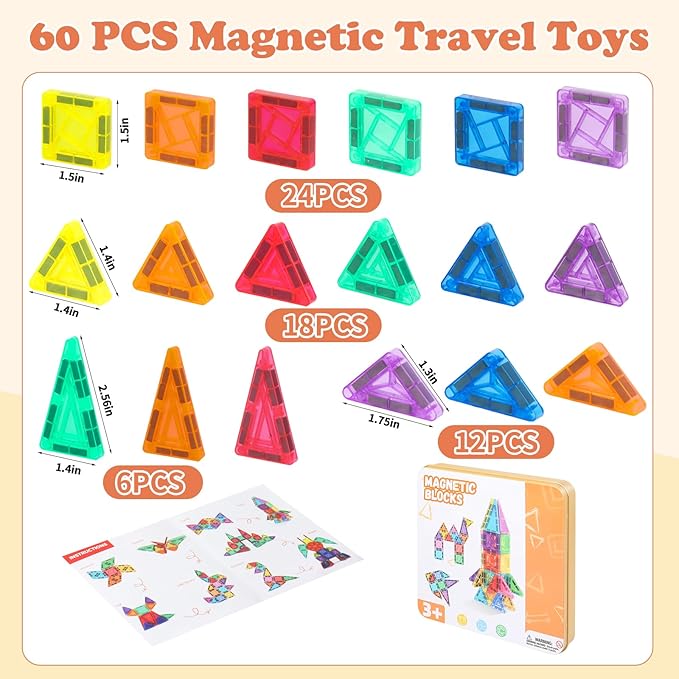 60 PCS Mini Magnetic Tiles, Travel Magnetic Tiles Magnetic Building Blocks with Iron Box, Portable Travel Toys for Kids Ages 4-8, STEM Learning Educational Construction Travel Toys for Toddlers 3+