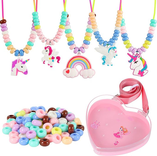 FLYINGSEEDS Unicorn Jewelry Making Kit, 5 Rubber Necklaces and Charms with 100 Big Holes Beads Toy Set, Beading Arts and Crafts, Ideal Gifts for Girls Preschoolers Toddlers Kids Age 3 4 5 6 7 8 9 10