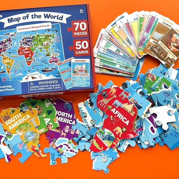 QUOKKA World Map Puzzles for Kids Ages 4-6 - 70 Pcs Floor Puzzles for Kids Ages 4-8 Preschool Activities - Includes 50 Cards with 400+ World Facts - Continent-Shaped Jigsaw Puzzle Gift for Girls Boys
