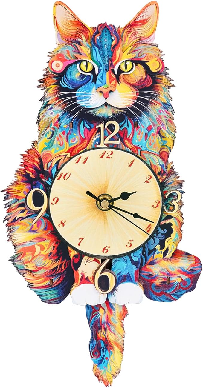 3D Puzzle for Adults - Wooden Cat Clock for Room Decoration, DIY Build Mechanical Wall Clock with Roman Numerals, Personalized Gift for DIY Lovers
