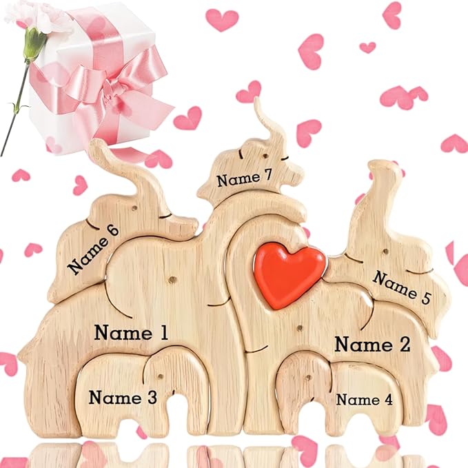 Custom Wooden Bears Family Puzzle with 2-8 Family Name - Family Decor for Mom Unique Wooden Decor Gift for Mom and Dad Mother's Day Father's Day Jigsaw Puzzles (Baby Elephant Puzzle)