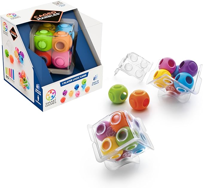 SmartGames Caged Marbles 3D Logic Game with 80 Challenges for Ages 10 - Adult. Can You fit The Marbles in The Cube?