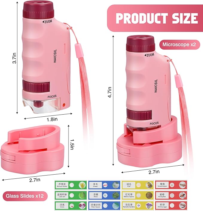 Portable Microscope for Kids Zoom 60x-180x,Handheld Mini Microscope STEM & Science Toys,LED Pocket Little Scientist Microscopes with 12pcs Slides,Gifts for 6,7,8,9,10+ Girls Boys（2PCS Pink）