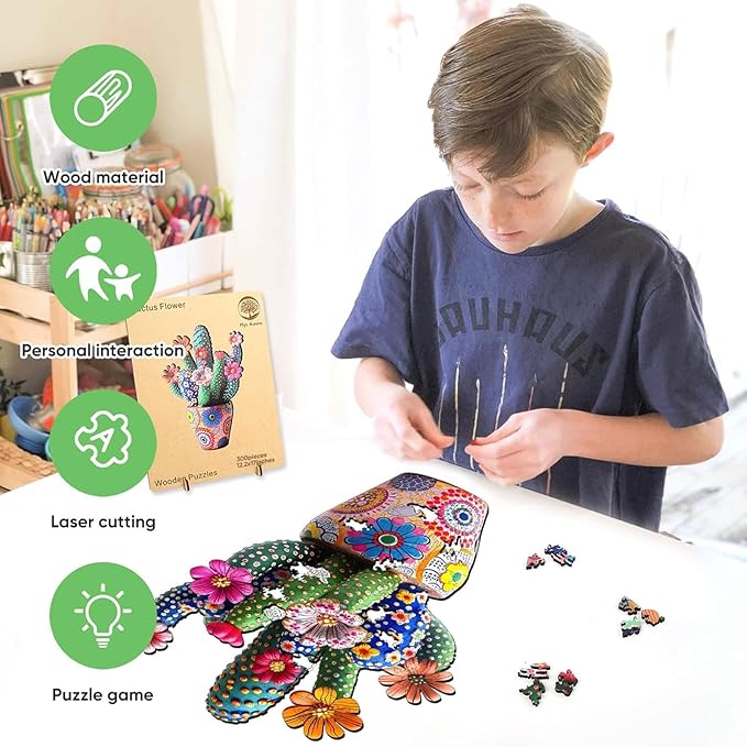 Mys Aurora Puzzles for Adults Cactus Flower Wooden Puzzles, 300 Pieces Unique Shaped Jigsaw Puzzles, Birthday for Adults and Kids, Fun Challenge Family Game 12.2 x 17 Inch