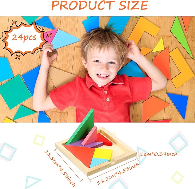 Syhood 24 Pieces Tangrams Puzzles for Students Party Favors Wooden Tangram Pattern Blocks Brain Logic Blocks for Manipulatives Games Educational Gifts and Party Favors(Bright)
