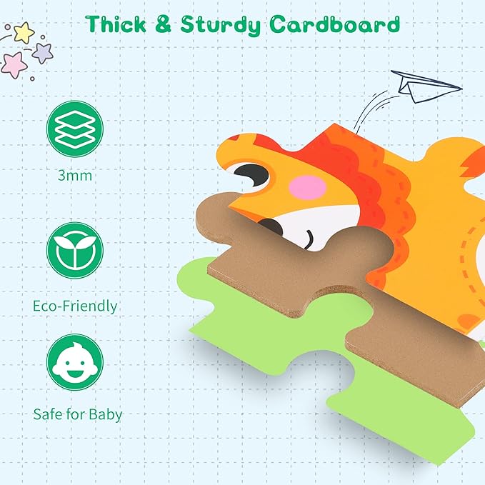 FLYINGSEEDS 6 Packs Safari Animals Shaped Wooden Jigsaw Puzzles for Toddlers Ages 1-3, Level-up Puzzles for Beginner, Montessori Learning Toys Preschool Educational Activity for Kids Ages 2-5