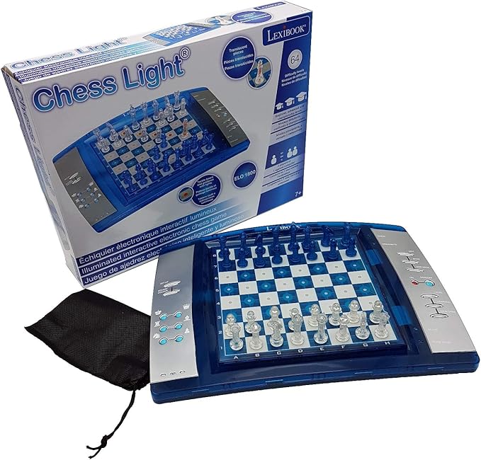 Lexibook ChessLight®, Electronic Chess Game with Touch-Sensitive Keyboard and Light and Sound Effects, 32 Pieces, 64 Levels of Difficulty, Battery or Plug, Blue/Grey, LCG3000