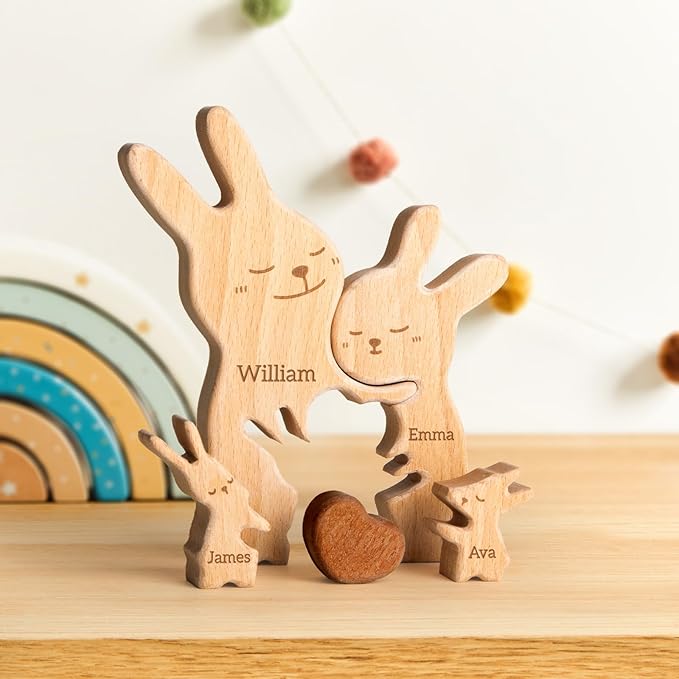 Bunny Family Puzzle, Personalized Wooden Puzzles with 2–5 Names, Easter Gifts for Kids, Rabbit Toys Easter Anniversary Wedding Gifts for Women Men Family Couple
