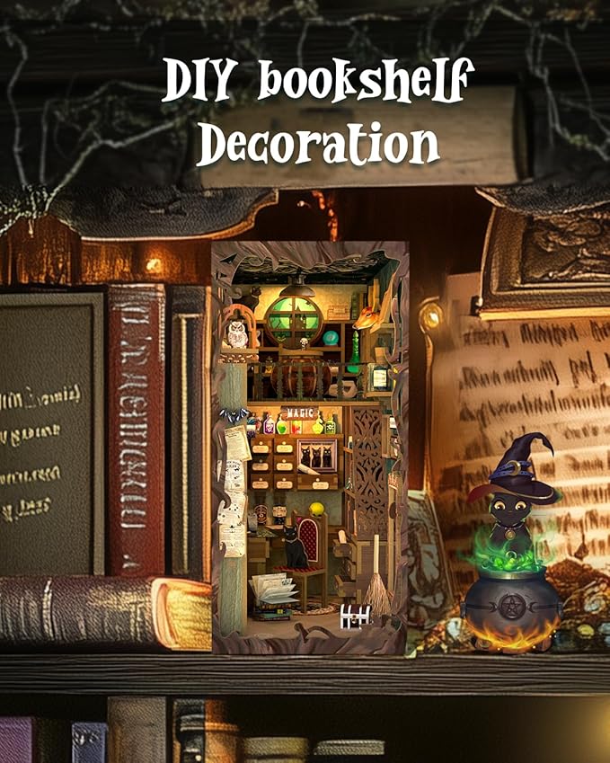Cutefun Book Nook Kit, DIY Miniature Dollhouse Booknook for Adults, 3D Wooden Puzzle Bookend Bookshelf Insert Decor with LED Light, Gift for Craft Lovers (Magic Pharmacist)