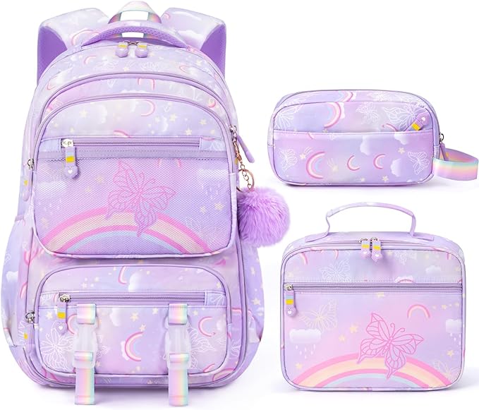 Fimibuke Kids Backpack for Girls, 3PCS Rainbow & Butterflies Teen Girls Backpack with Lunch Box Pencil Case, Cute Purple Bookbag School Bag for Kindergarten Elementary Middle School Student Ages 5+