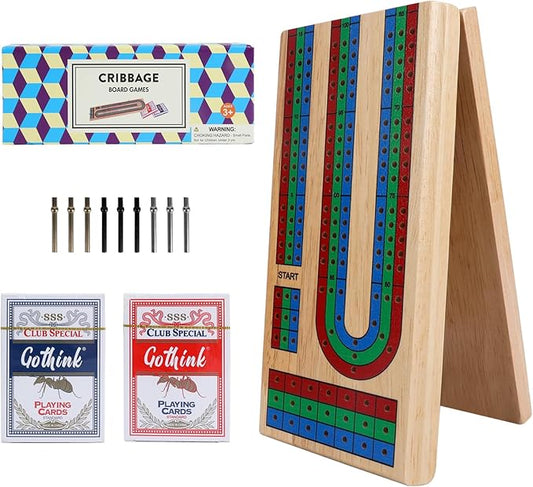 Wooden Folding Cribbage Board Game Set – Portable Travel Board with 3 Tracks, Large Storage, 9 Metal Pegs & 2 Cards – Classic Table Game for Adults, Kids & Family Night