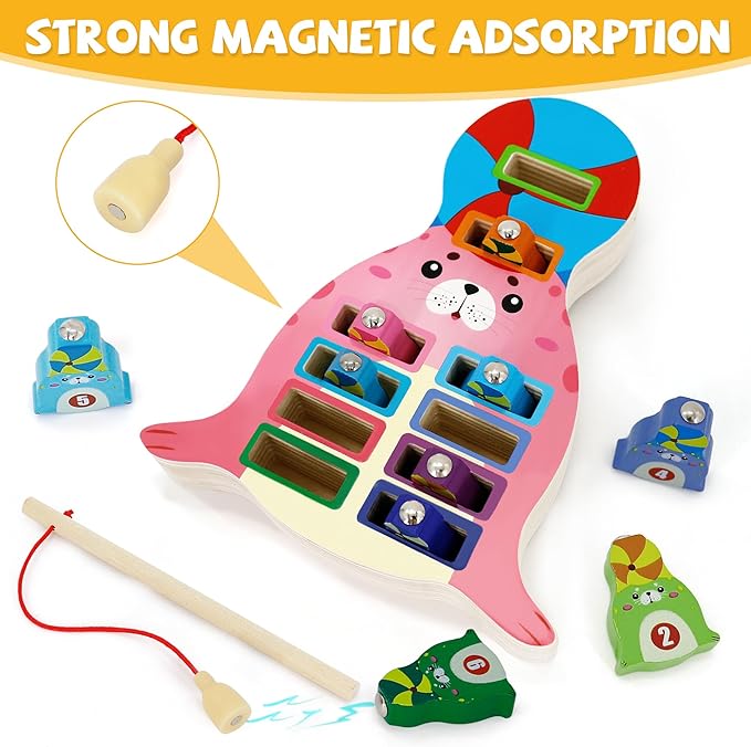 Wooden Magnetic Fishing Game, Seal Magnetic Fishing Toy for Kids 3-5, Montessori Preschool Education Learning Color Sorting Fine Motor Skill for Toddlers