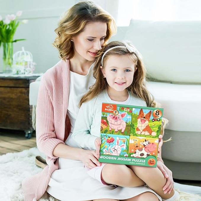 Wooden Puzzles for Toddlers, 8 Pack Farm Animal Jigsaw Puzzles for Kids3-5, 9 Pieces Preschool Learning Activities, Learning & Educational Toys, Gift for Boys, Girls