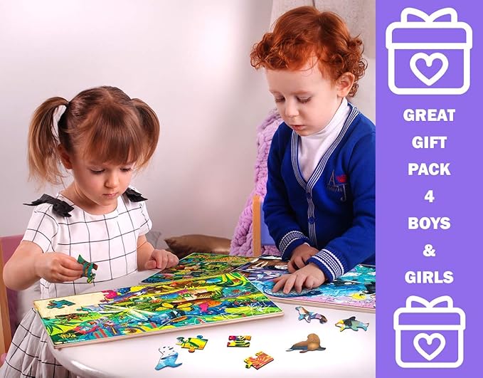 QUOKKA Wooden Puzzles for Kids Ages 4-6 – 4 x 60 Piece Kids Puzzles Ages 4-8-10 Year Olds by QUOKKA - Jigsaw Learning Game with Animals Dinosaurs City for 3-5 yo Wood Toys for Boys and Girls