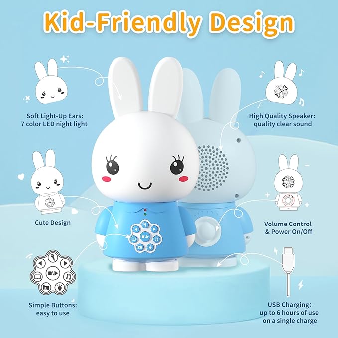 alilo Honey Bunny Kids Music Story Audio Player for Toddlers 1-5, Baby Boy Girl Easter Gifts, Pre-Loaded 16 Stories/48 Nursery Rhymes/12 Soothing Music, with Nightlight,Voice Recording