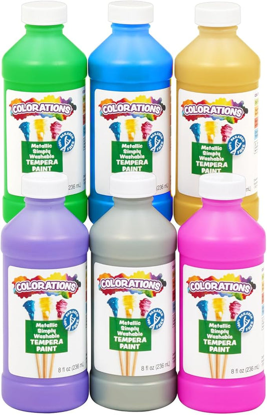 Colorations Paraben-Free Metallic Simply Washable Tempera Paint- Set of 6, 8 oz. each