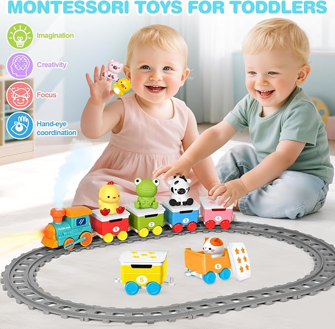 Learning Toy for Toddlers 1-3, Electric Toys Trains with Lights, Music & Steam, Counting, Matching & Sorting Montessori Toy with 6 Animal Finger Puppets, Birthday Xmas Gifts for Baby Boys Girls 12-18M