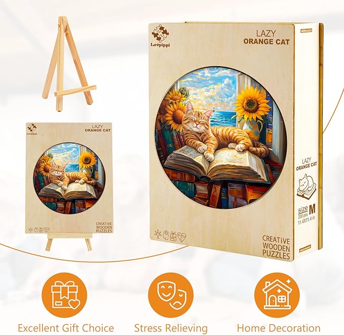 Wooden Puzzles for Adults, Wooden Jigsaw Puzzles for Adults Kids, Lazy Orange Cat Unique Shaped Wood Puzzles Adult, Creative Birthday Gifts for Friends Family Game (13.4 * 13.4in 300pcs)