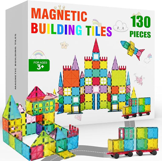 Magnetic Tiles - 130PCS Magnetic Blocks for Kids, Magnet Tiles Building Blocks Set with 2 Cars, Construction STEM Magnet Toys Gift for Kids, Boys and Girls 3 4 5 6 7 8+ Year Old
