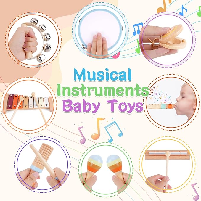 Wooden Musical Instruments for Toddlers 1-3 - Montessori Educational Toys for 1 2 3 Year Old Baby Kids, with Xylophone, One 1st 2st Christmas Birthday Gifts for Girls Boys