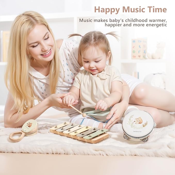 Baby Wooden Montessori Musical Instruments Set for Toddlers - Neutral Colors Percussion Set With Modern Boho Xylophone Tambourine - Educational Toys for Preschool Kids