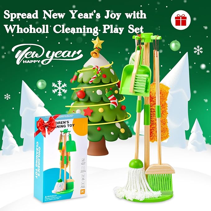 WHOHOLL Wooden Kids Cleaning Toy Set Toddler Broom Set for Housekeeping 8 Pcs Broom and Mop Set for Toddlers 3-5, Baby Cleaning Toys with Dustpan Sponge, Birthday Gifts for Boys and Girls (Green)